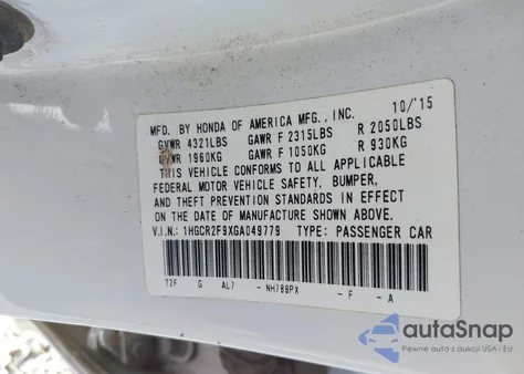 2016 Honda Accord Ex-L из США, поврежденный, VIN 1HGCR2F9XGA049779